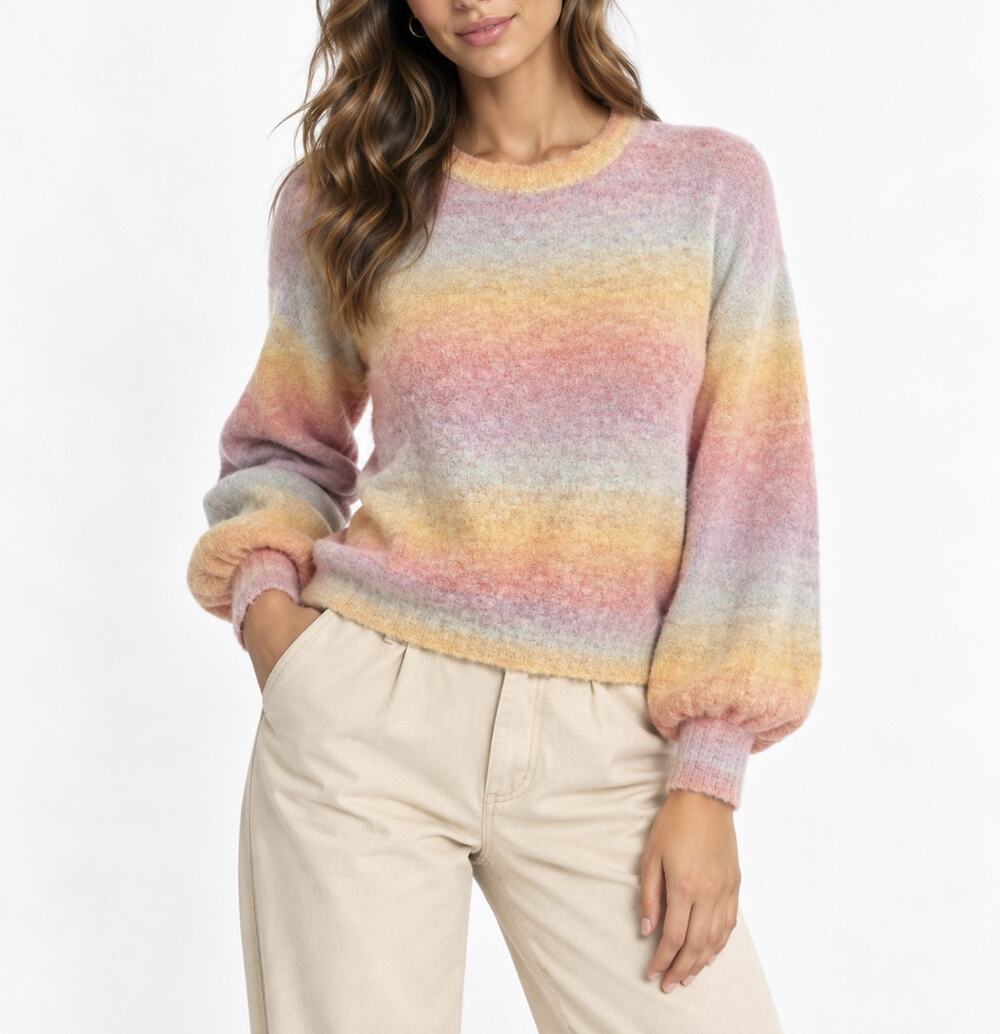 Sundry Sunset Rainbow Ombre Puff Sleeve Crewneck Sweater Pastel Size 0 XS